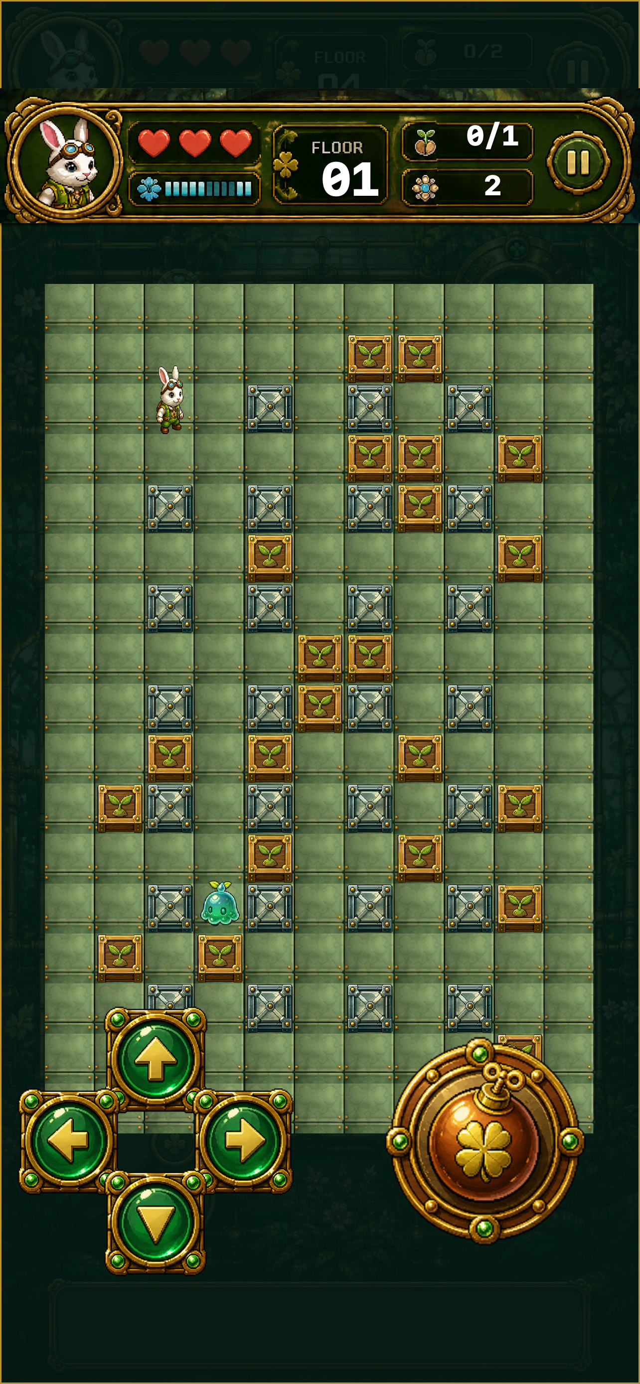 Carrot Fuse live grid battle with rabbit, crates, steel walls, direction pad, bomb button, and persistent banner.