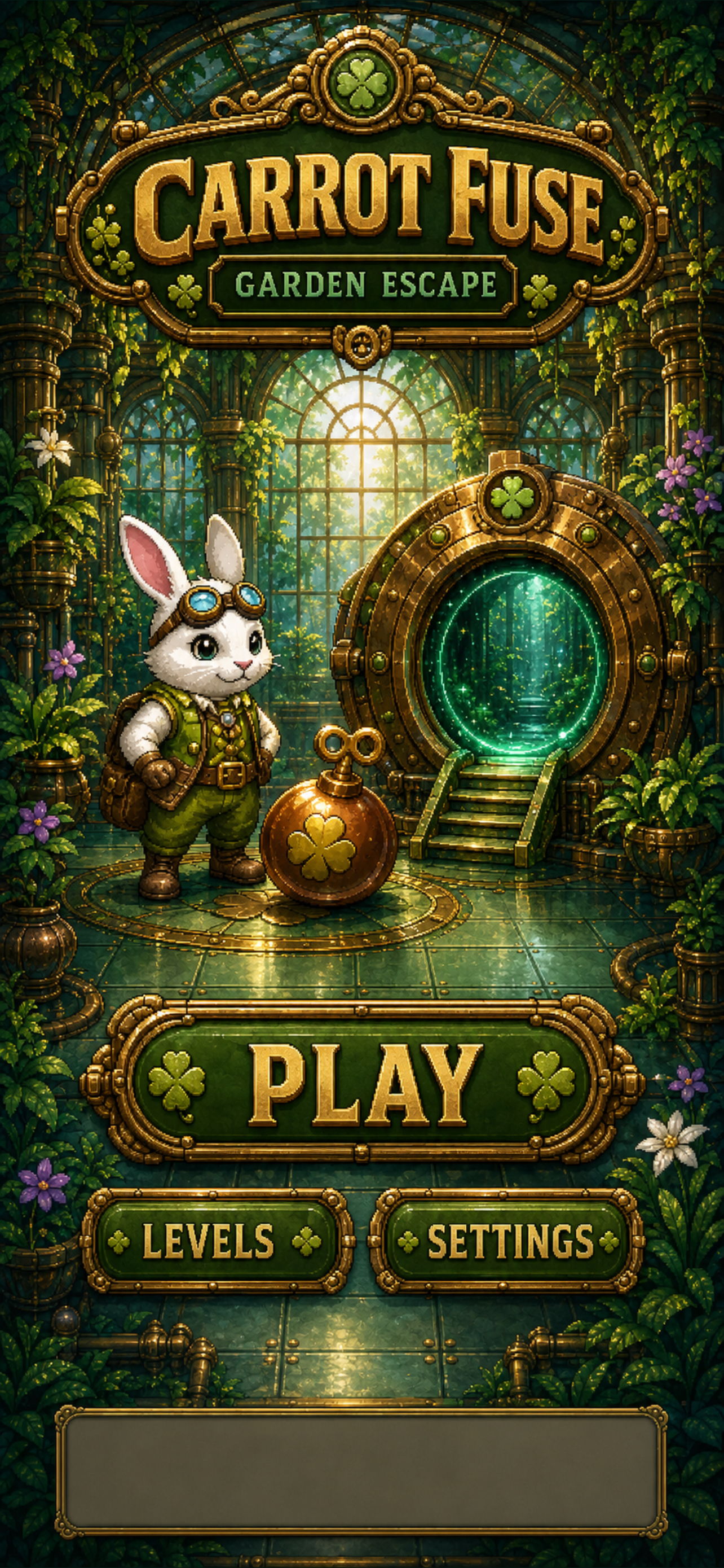 Carrot Fuse clockwork conservatory home screen with play and stage controls.