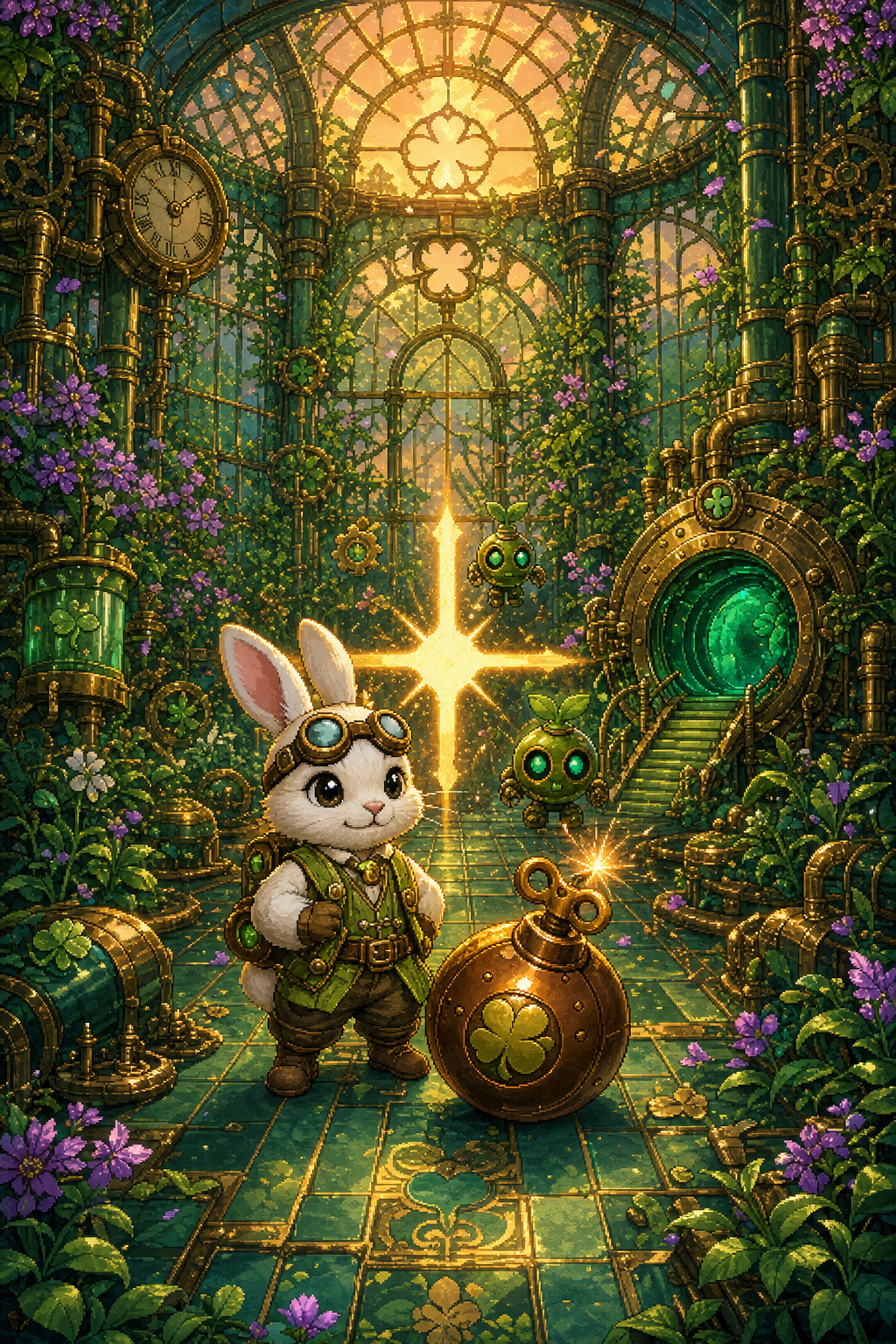 Rabbit tinkerer exploring a jade and brass clockwork conservatory.